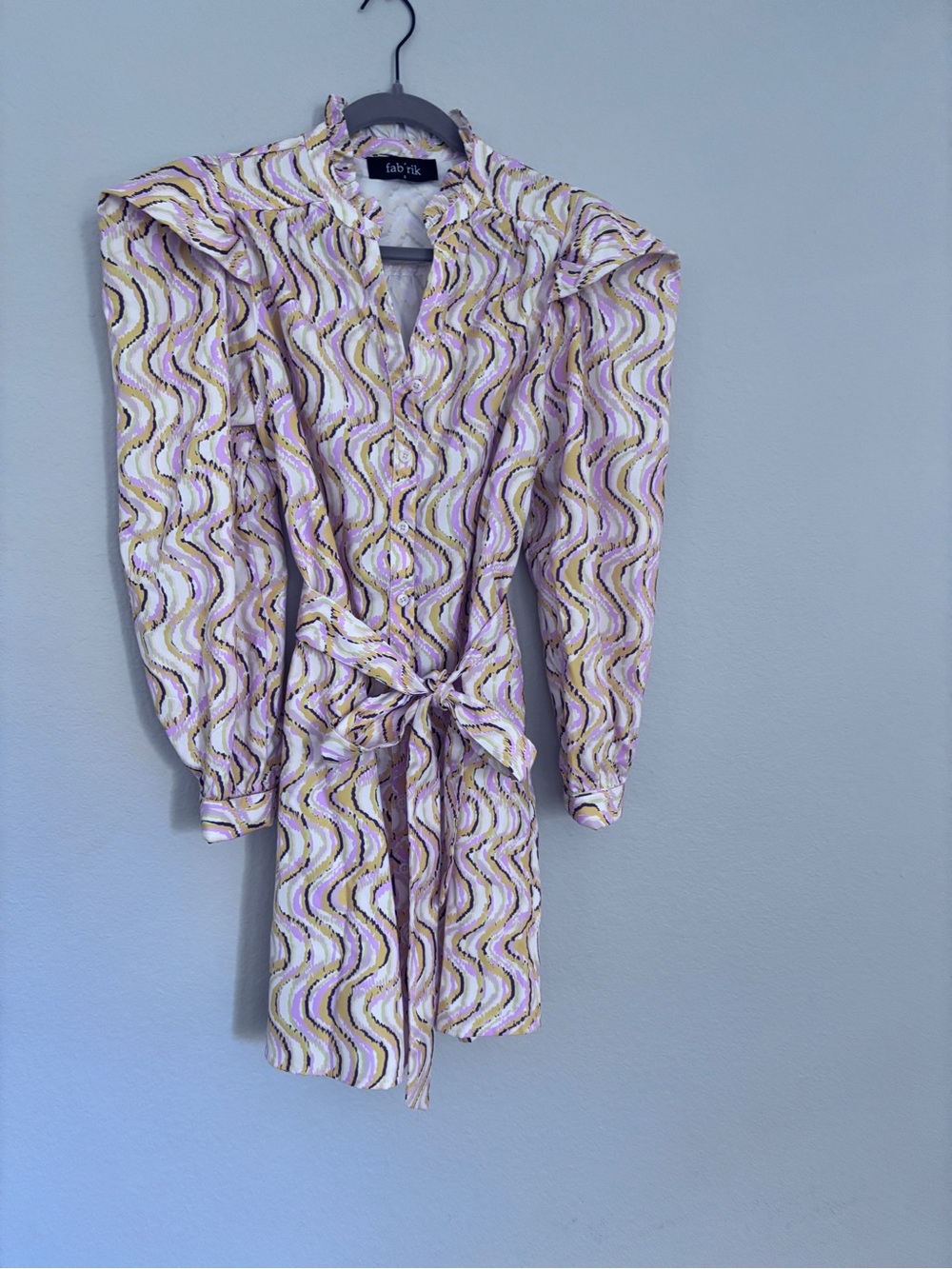 Wave Print Long Sleeve Tie-Waist Dress - Lavender, Cream, Gold
